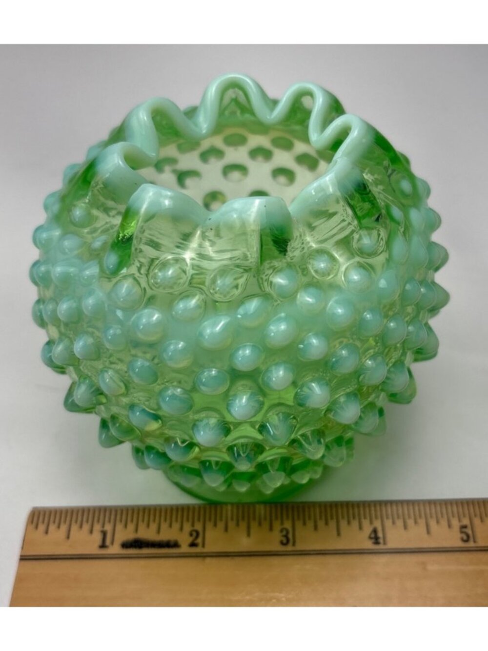 Fenton Green Opalescent Hobnail Vase Ruffled Edge Vintage Elegant Collectible De - Picture 8 of 11